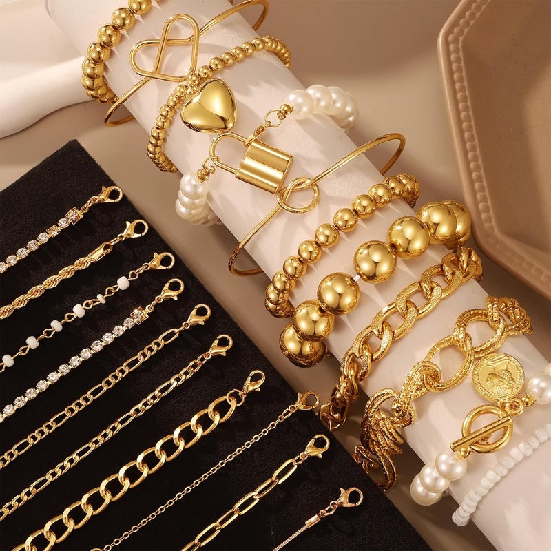 IFKM 6 PACK (24 PCS) Boho Gold Chain Bracelets Set for Women, 14K Gold Plated Multiple Layered Stackable Open Cuff Wrap Bangle Adjustable Link Italian Cuban Jewelry for Women Gift - Image 5